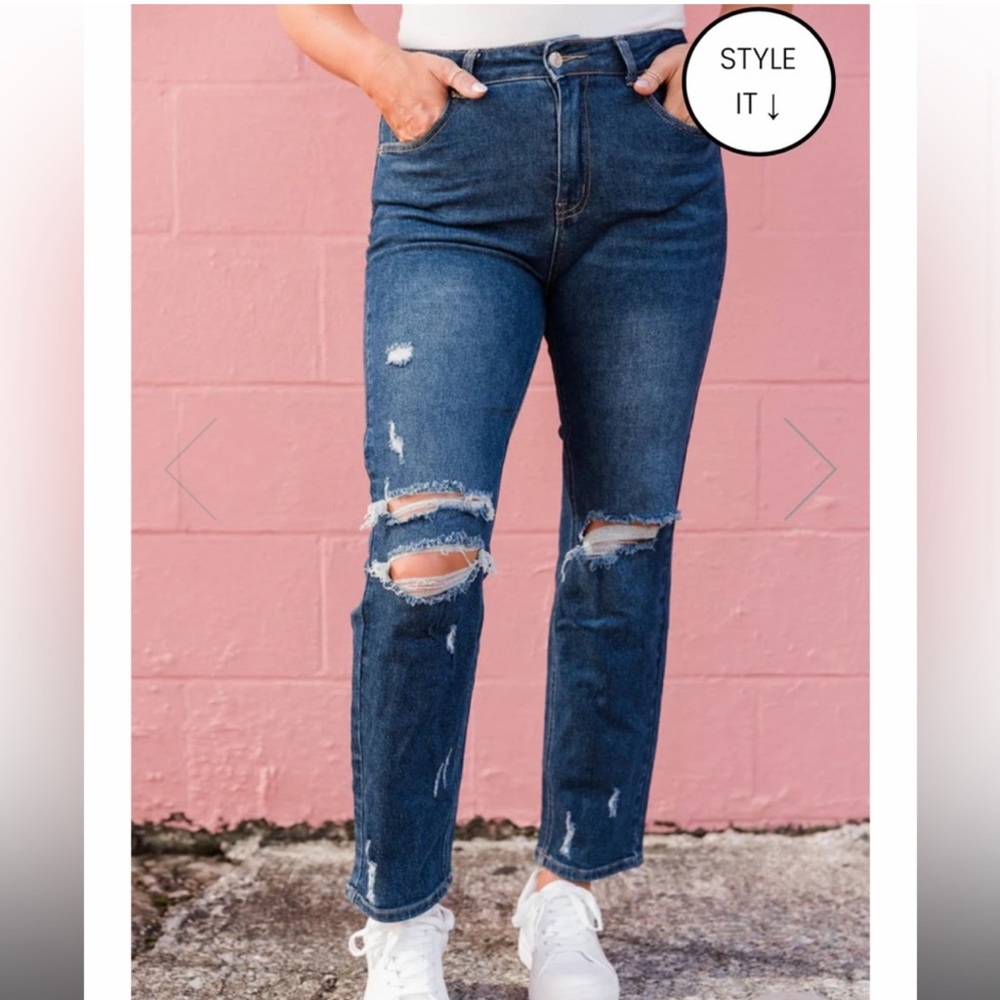 Pink Lily x Krista Horton Distressed Denim High Waisted Straight Leg Jeans New